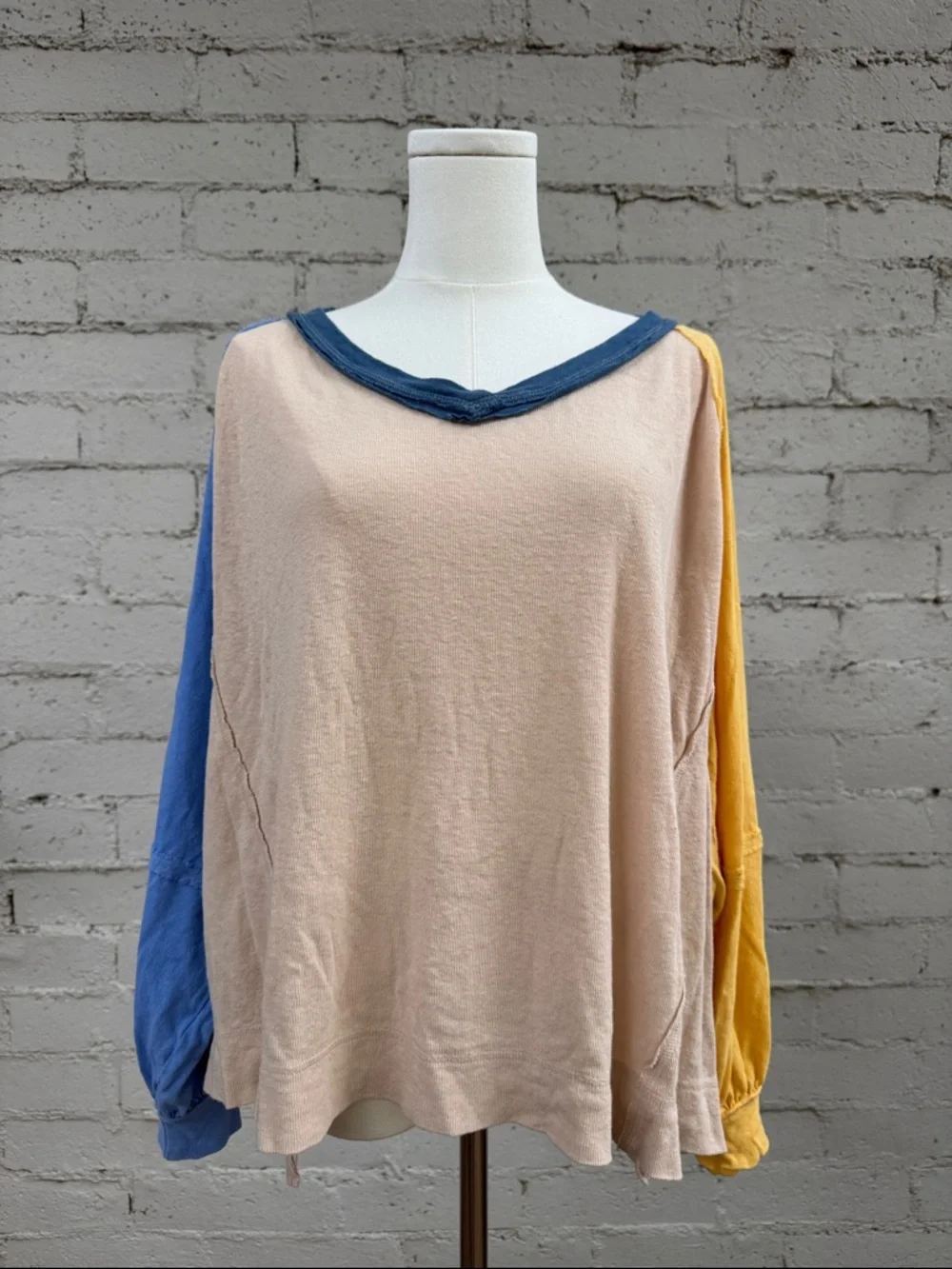 Free People We The Free Care FP Tri Color Tee Cream Blue Yellow Size XS